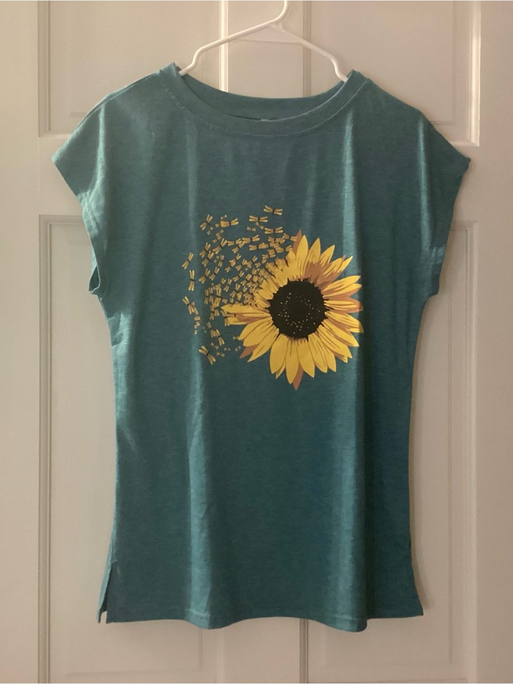 Only Teal Short Sleeve Tee with Yellow Sunflower Graphic Relaxed Fit
